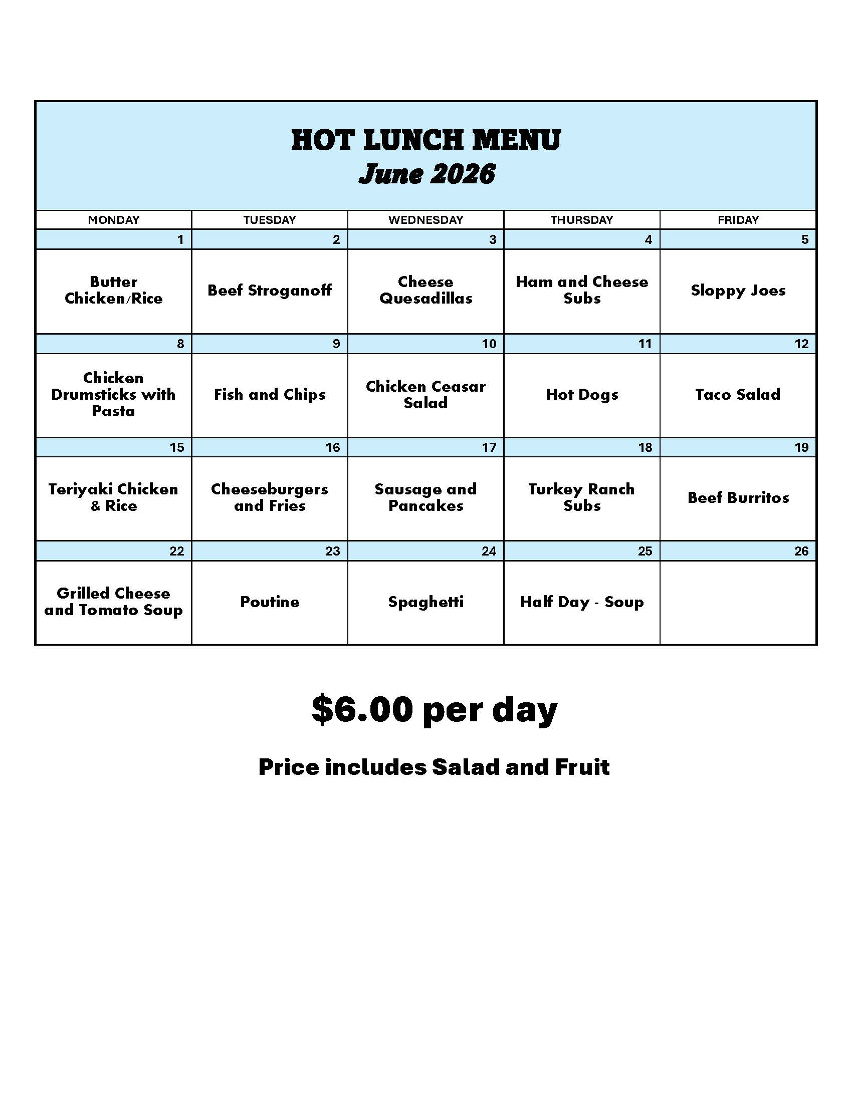 June 2026 Menu
