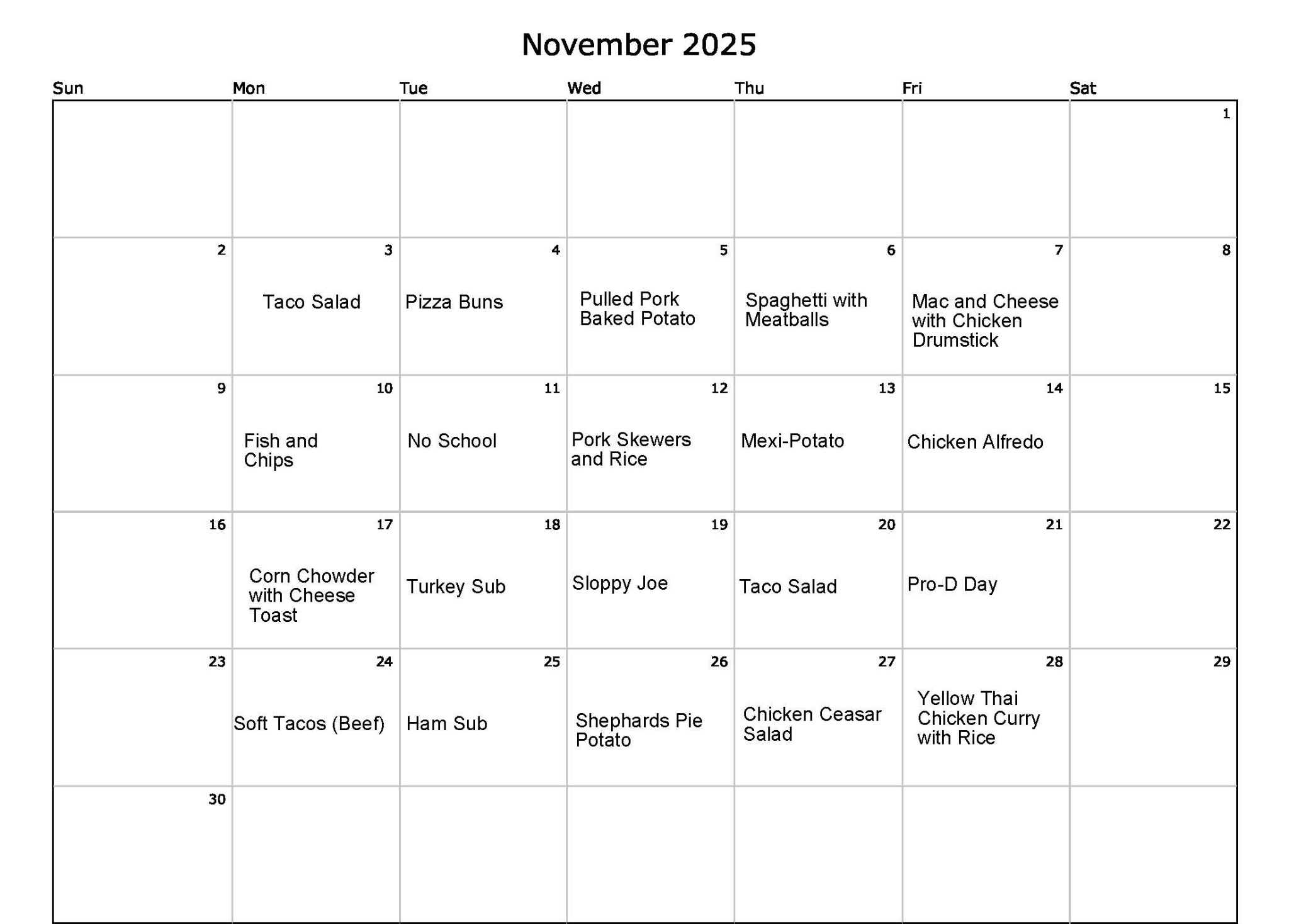 Printable Nov Calendar
