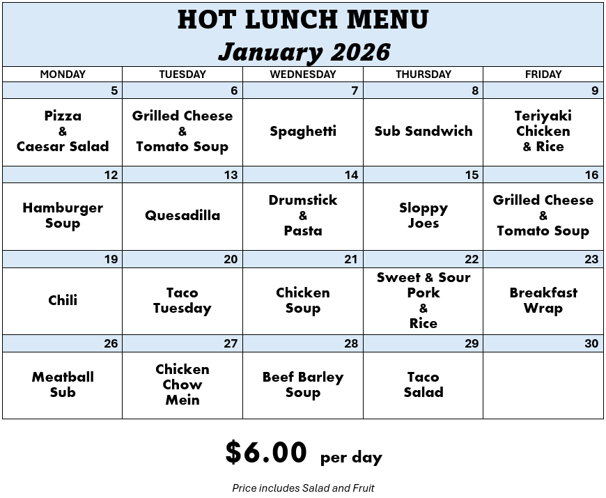January 2026 Hotlunch Menu
