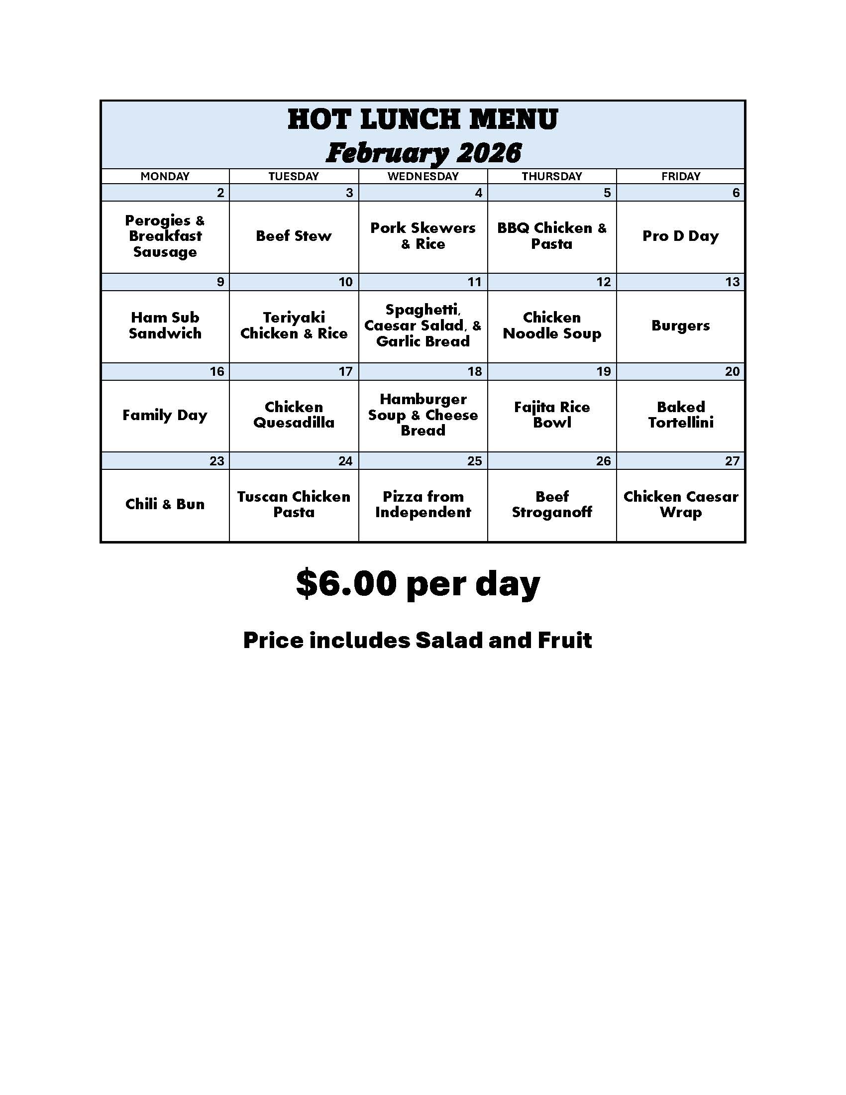 February 2026 Menu