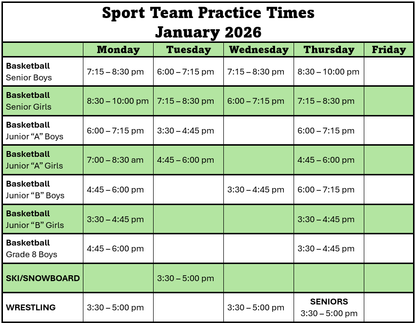 January Practice Times